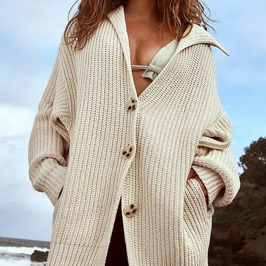 Women's Lapel Pocket Knitted Cardigan Button Mid - length Coat - PratSN