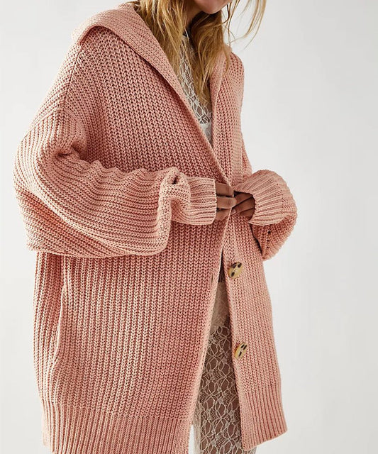 Women's Lapel Pocket Knitted Cardigan Button Mid - length Coat - PratSN