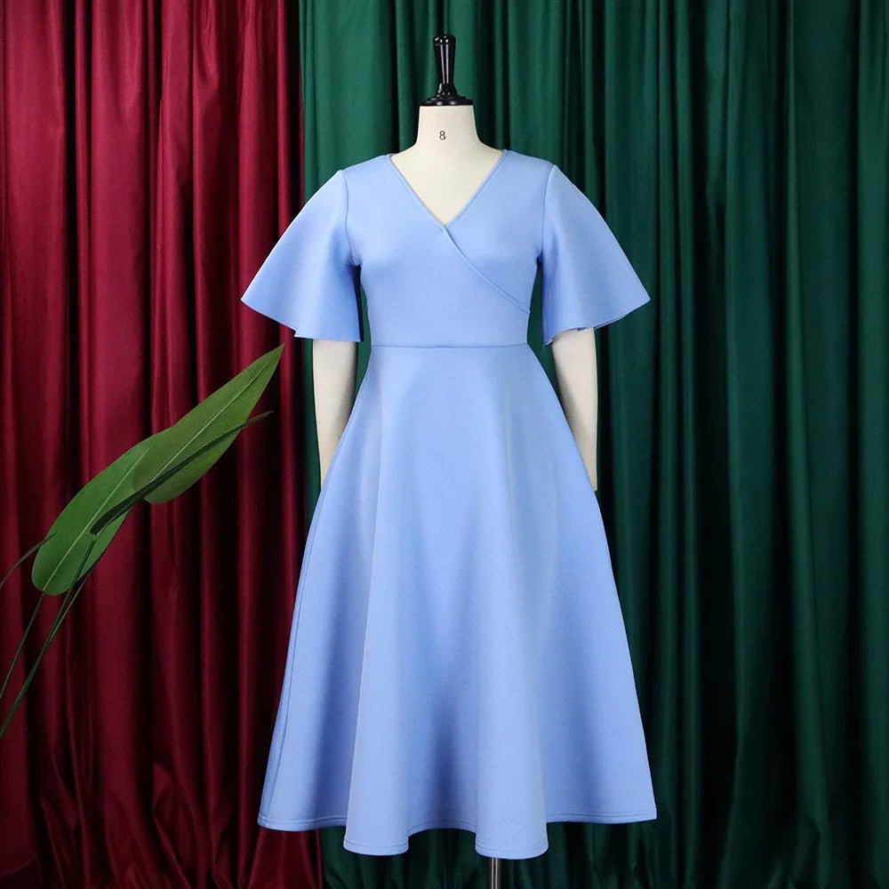 Women's Latest Design Flare Sleeve V - neck Fashion a Line Party Dresses Women Evening Dresses Women Lady Elegant Dress - PratSN
