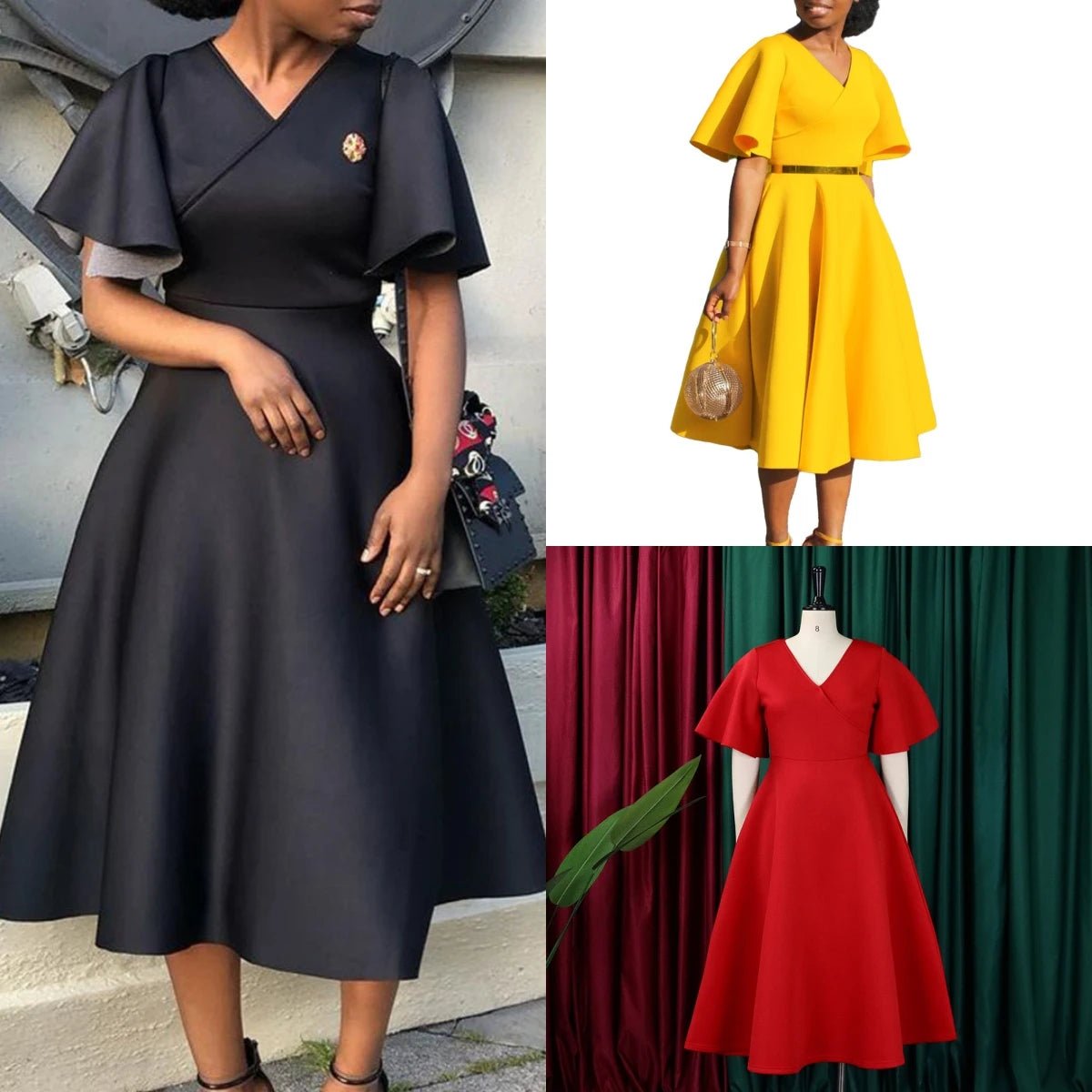 Women's Latest Design Flare Sleeve V - neck Fashion a Line Party Dresses Women Evening Dresses Women Lady Elegant Dress - PratSN