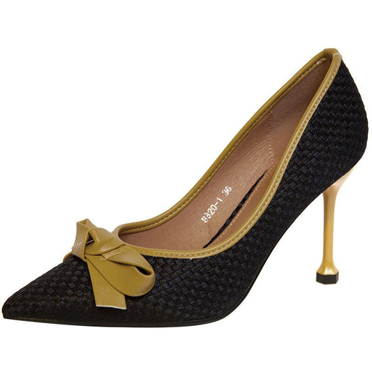 Women's Leather Bow Stiletto Pointed High Heels - PratSN