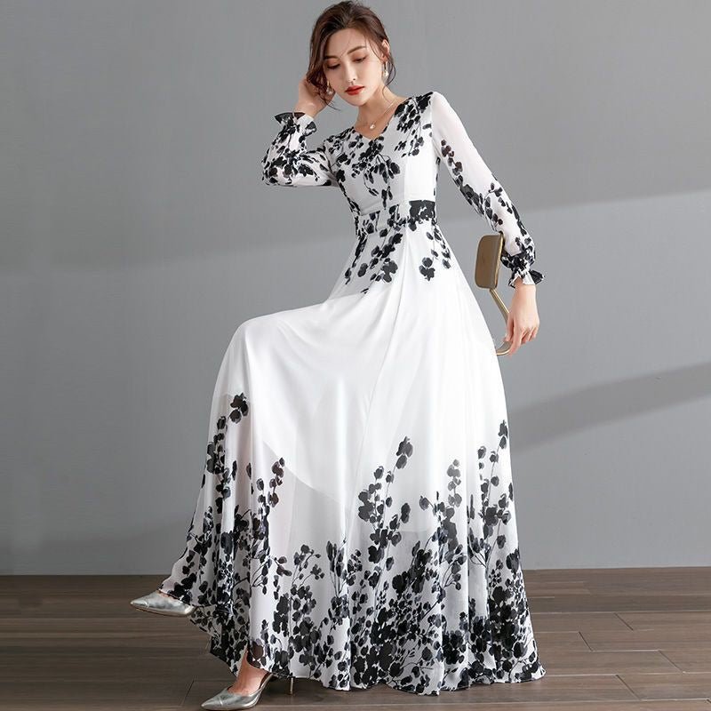 Women's Long Fashion Ink Painting Chiffon Dress - PratSN