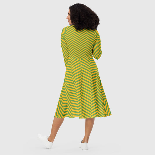 Women's long sleeve midi dress, Olive green and yellow color midi dress, Stripped pattern midi dress, multicolor midi dress for summer and spring - PratSN