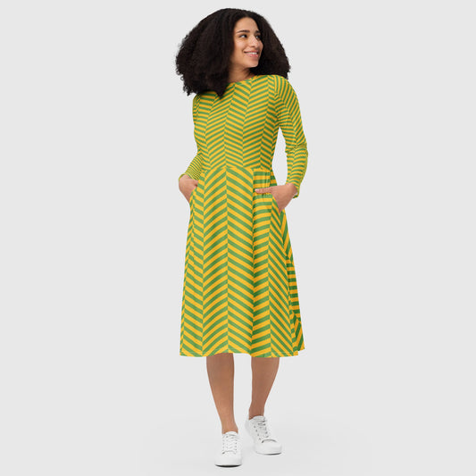 Women's long sleeve midi dress, Olive green and yellow color midi dress, Stripped pattern midi dress, multicolor midi dress for summer and spring - PratSN