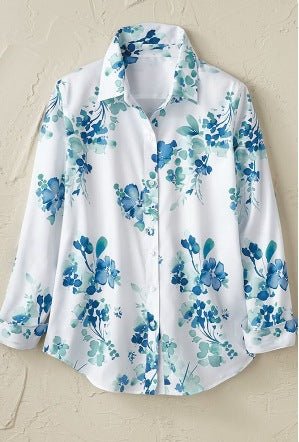 Women's Long - sleeve Shirt With A Simple Floral Print Top - PratSN