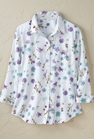 Women's Long - sleeve Shirt With A Simple Floral Print Top - PratSN