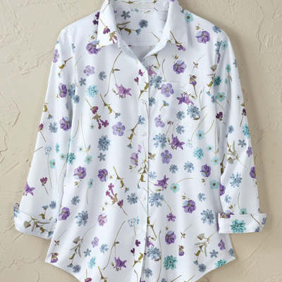 Women's Long - sleeve Shirt With A Simple Floral Print Top - PratSN