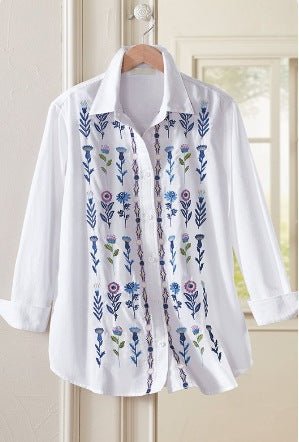 Women's Long - sleeve Shirt With A Simple Floral Print Top - PratSN
