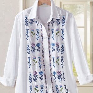 Women's Long - sleeve Shirt With A Simple Floral Print Top - PratSN