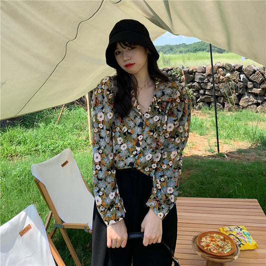 Women's Long - Sleeved Shirt With Retro Flower Shirt With Suit Collar - PratSN