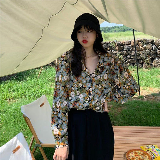 Women's Long - Sleeved Shirt With Retro Flower Shirt With Suit Collar - PratSN