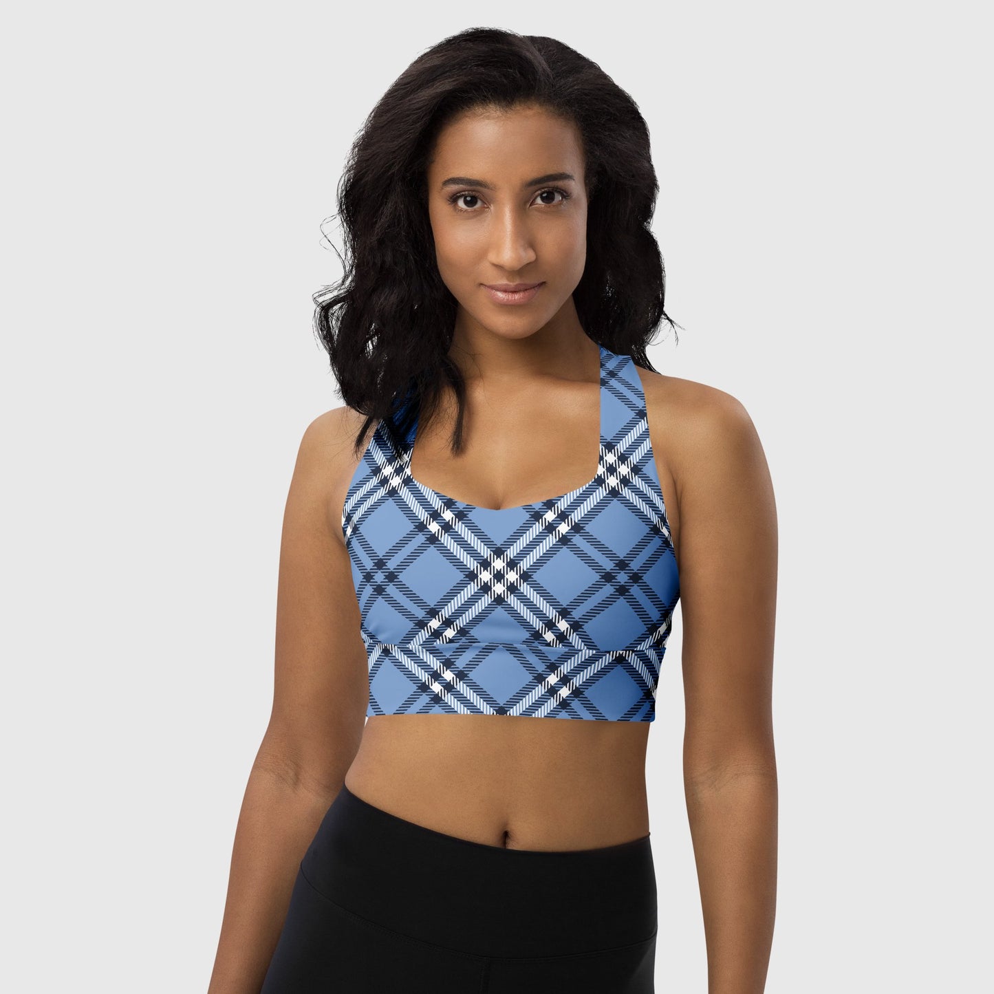 Women's longline sports bra, sports bra, Sky blue color bra, Geometric pattern fitness dress - PratSN