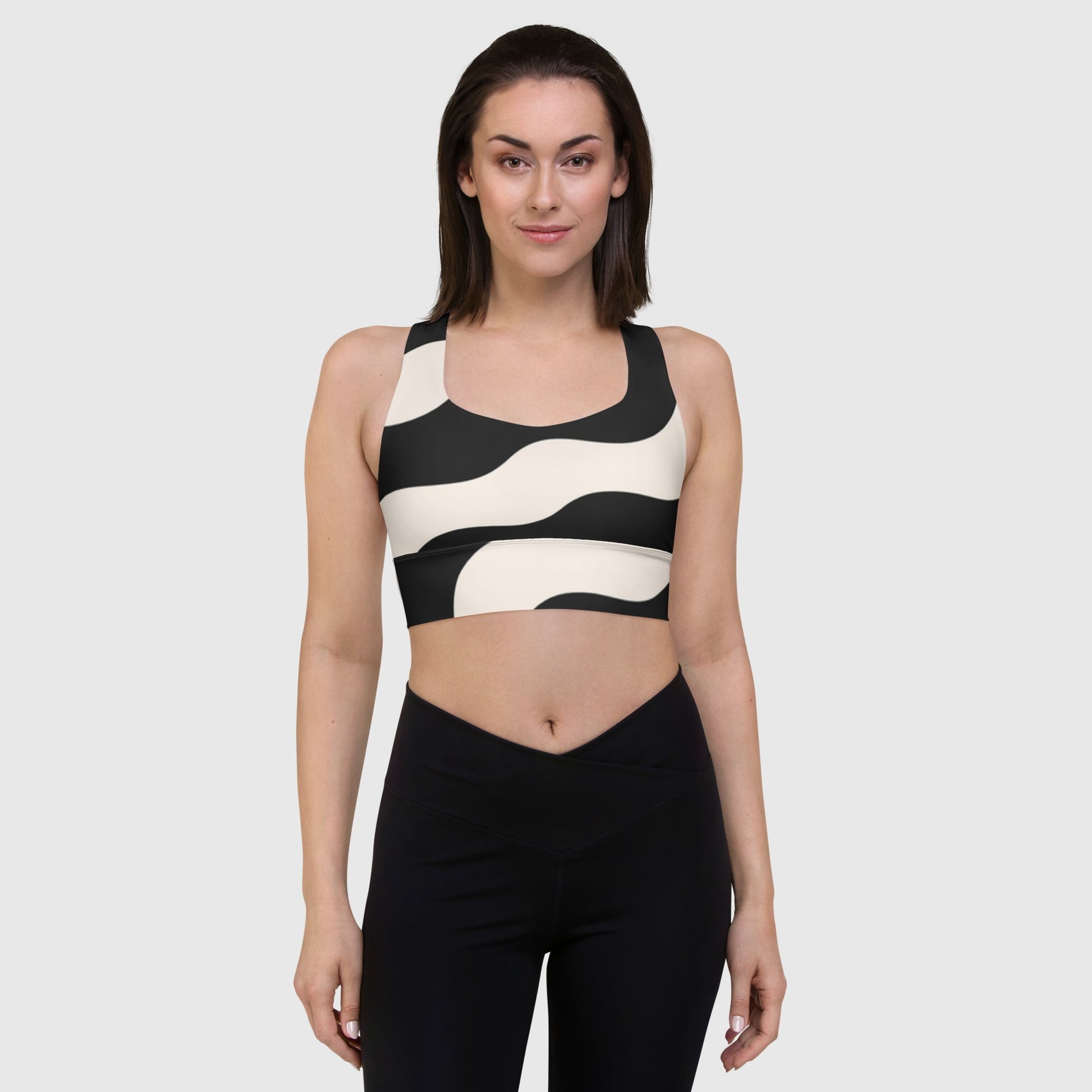 Women's longline sports bra, sports bra, White & black color bra, Stripped pattern fitness dress - PratSN