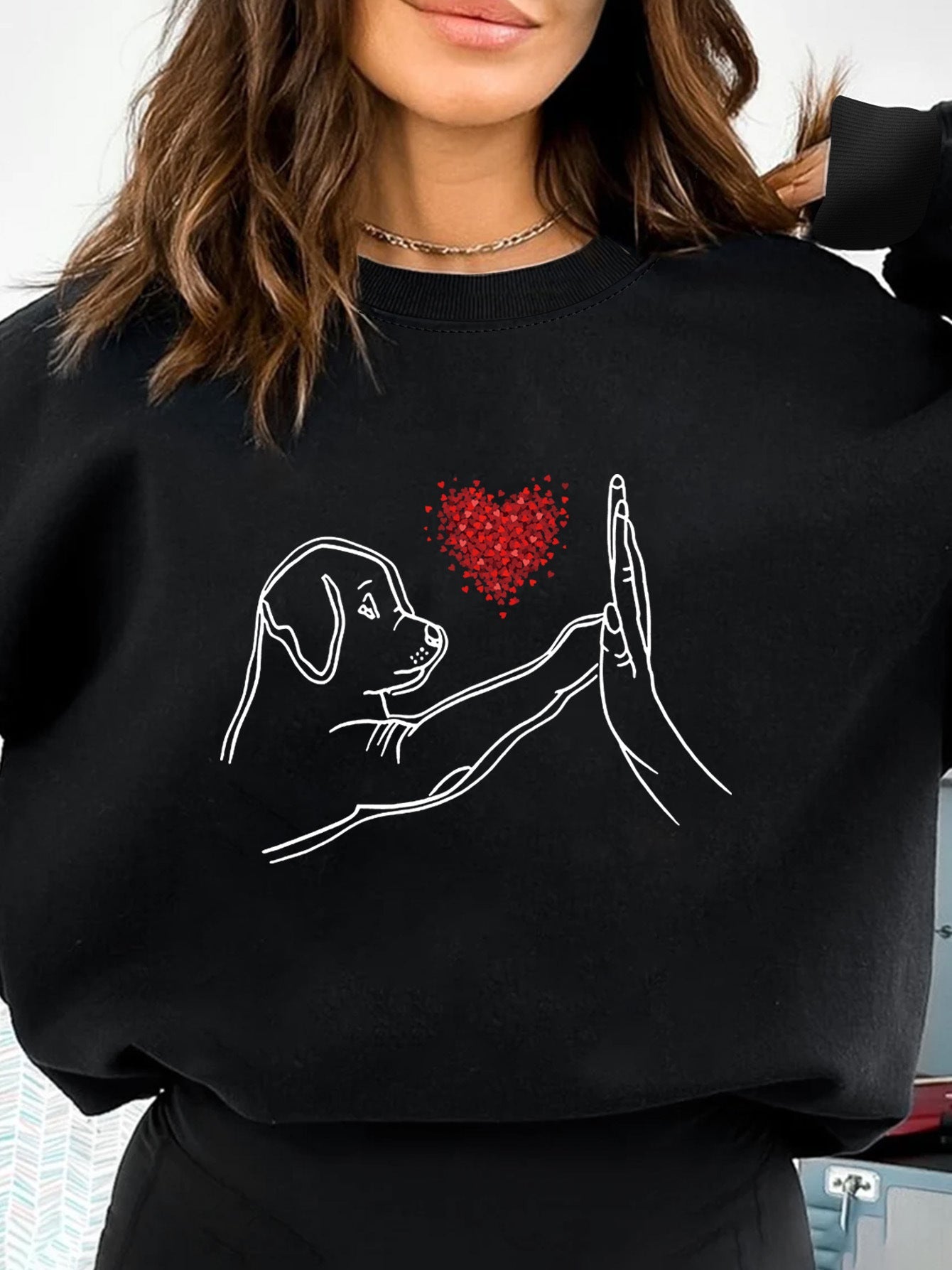 Women's Loose Black Round Neck Sweatshirt Autumn And Winter - PratSN