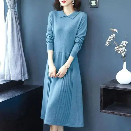 women's Loose Slimming Mid - length Knitted Long Sleeve Sweater Dress - PratSN