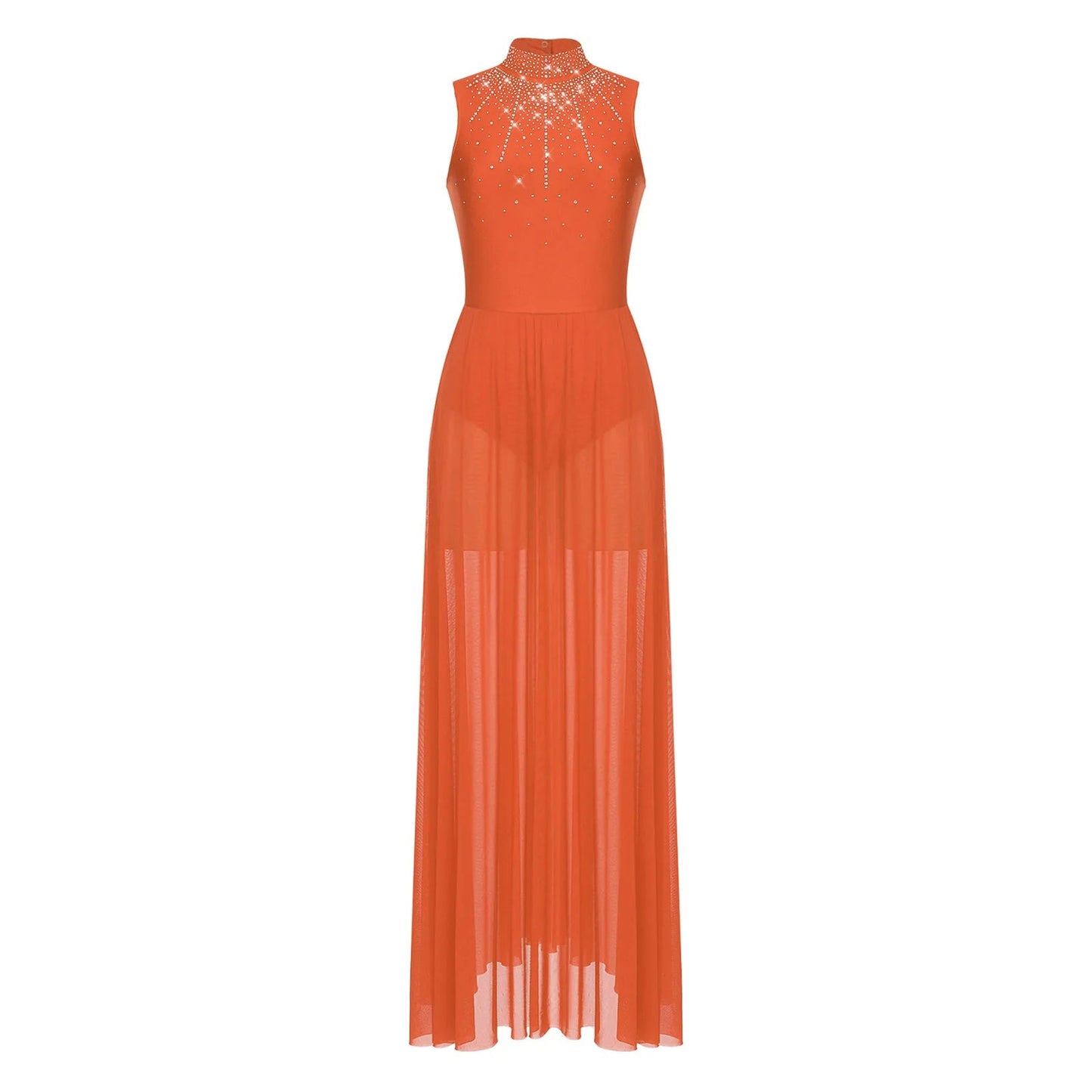 Womens Lyrical Dance Dresses Mock Neck Wide Hemline Shiny Rhinestones Maxi Dress Sleeveless Modern Contemporary Leotard Dresses - PratSN