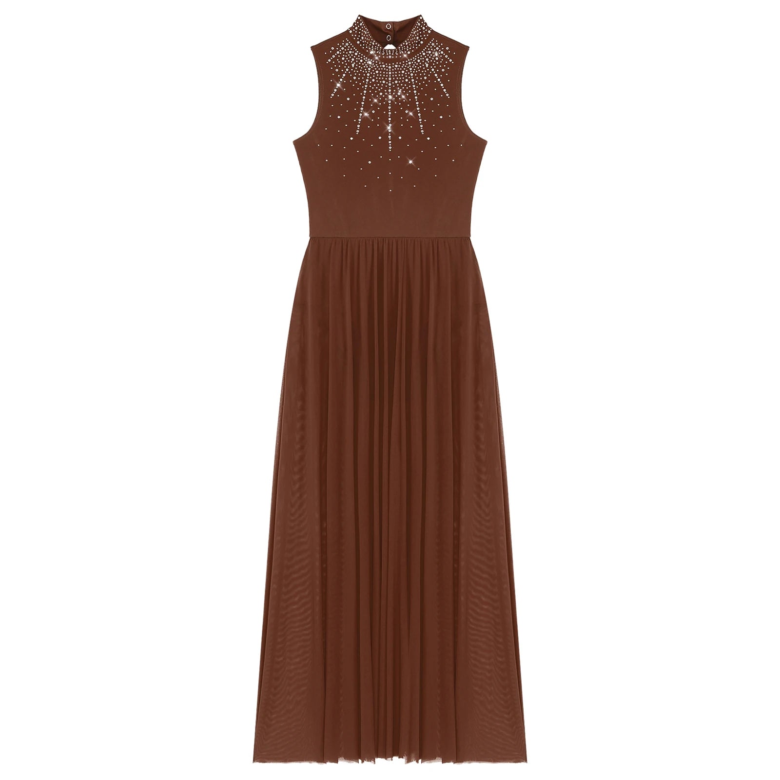 Womens Lyrical Dance Dresses Mock Neck Wide Hemline Shiny Rhinestones Maxi Dress Sleeveless Modern Contemporary Leotard Dresses - PratSN