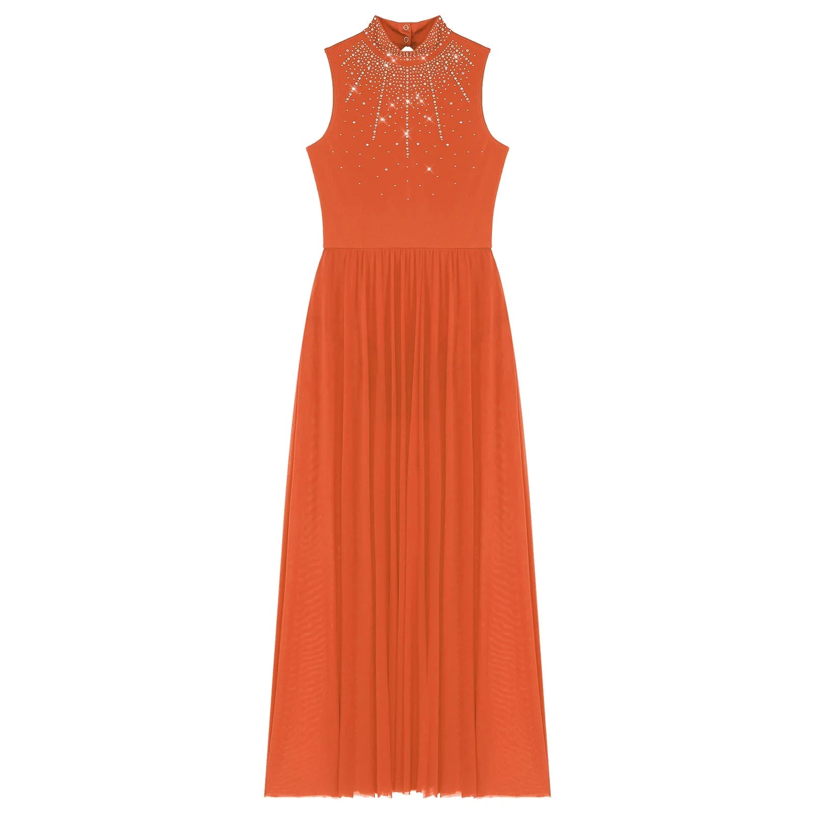 Womens Lyrical Dance Dresses Mock Neck Wide Hemline Shiny Rhinestones Maxi Dress Sleeveless Modern Contemporary Leotard Dresses - PratSN