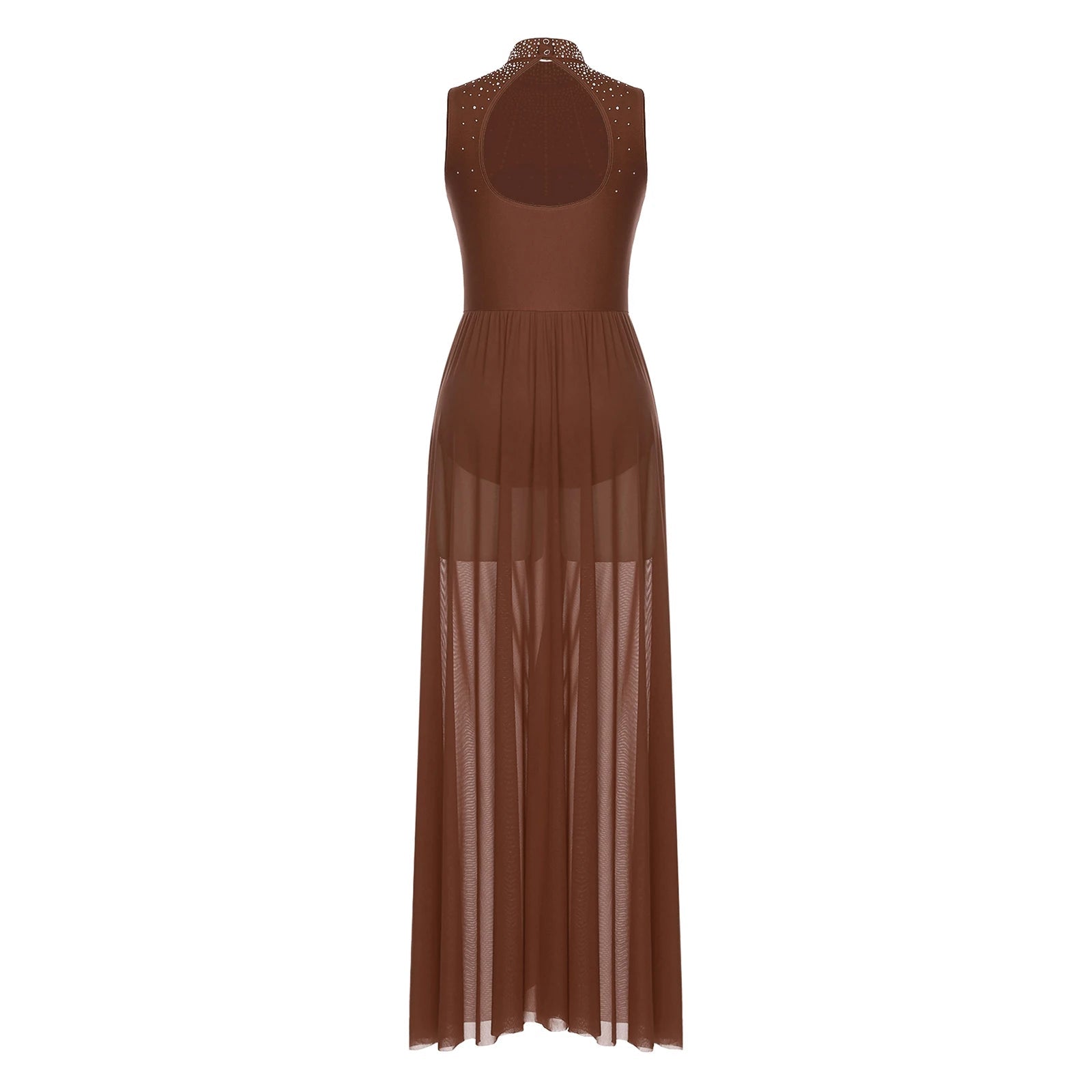 Womens Lyrical Dance Dresses Mock Neck Wide Hemline Shiny Rhinestones Maxi Dress Sleeveless Modern Contemporary Leotard Dresses - PratSN