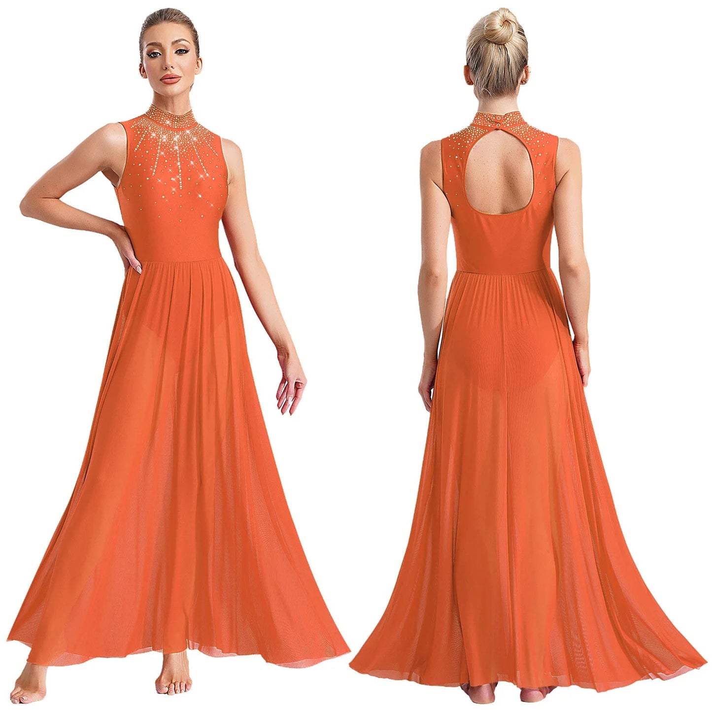 Womens Lyrical Dance Dresses Mock Neck Wide Hemline Shiny Rhinestones Maxi Dress Sleeveless Modern Contemporary Leotard Dresses - PratSN