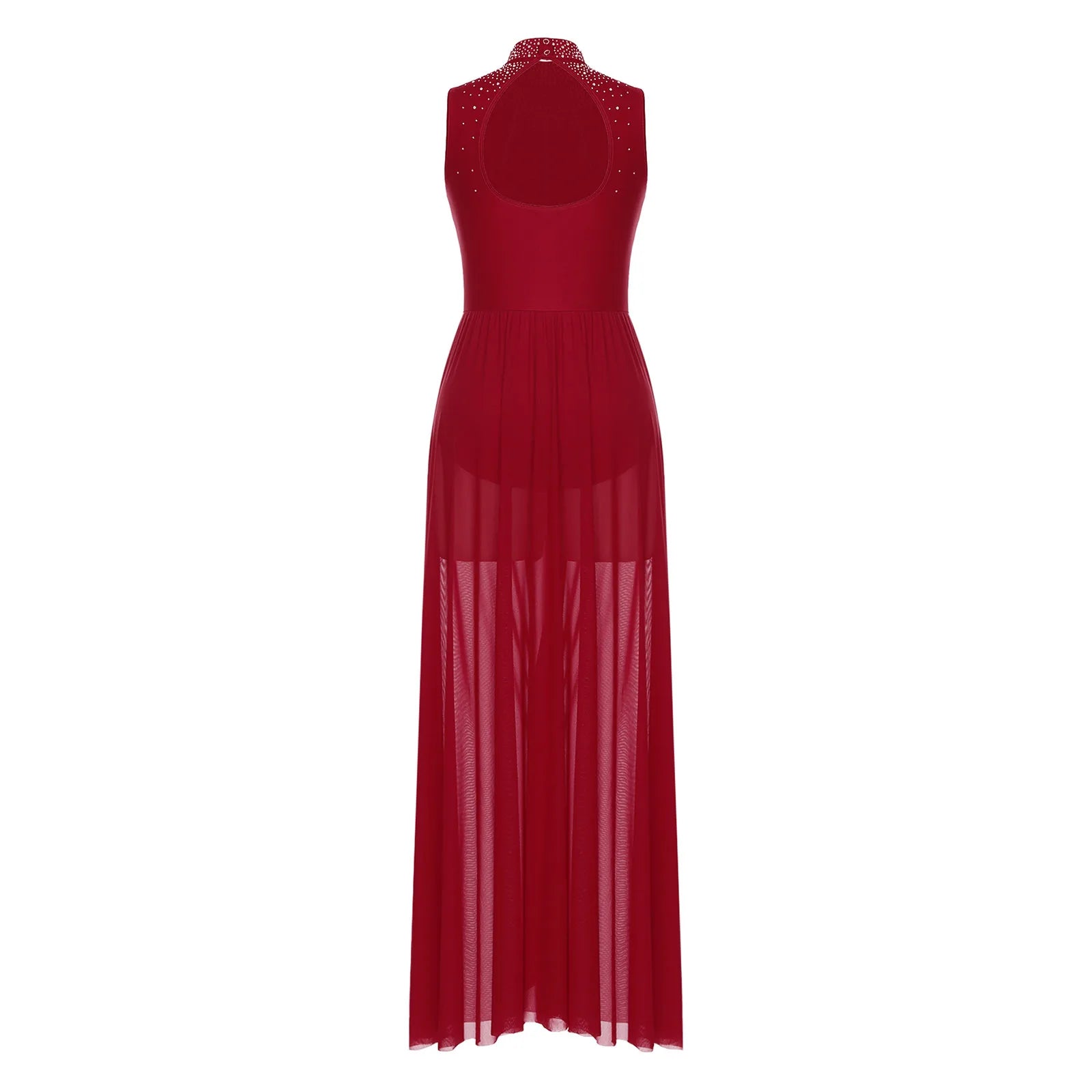 Womens Lyrical Dance Dresses Mock Neck Wide Hemline Shiny Rhinestones Maxi Dress Sleeveless Modern Contemporary Leotard Dresses - PratSN