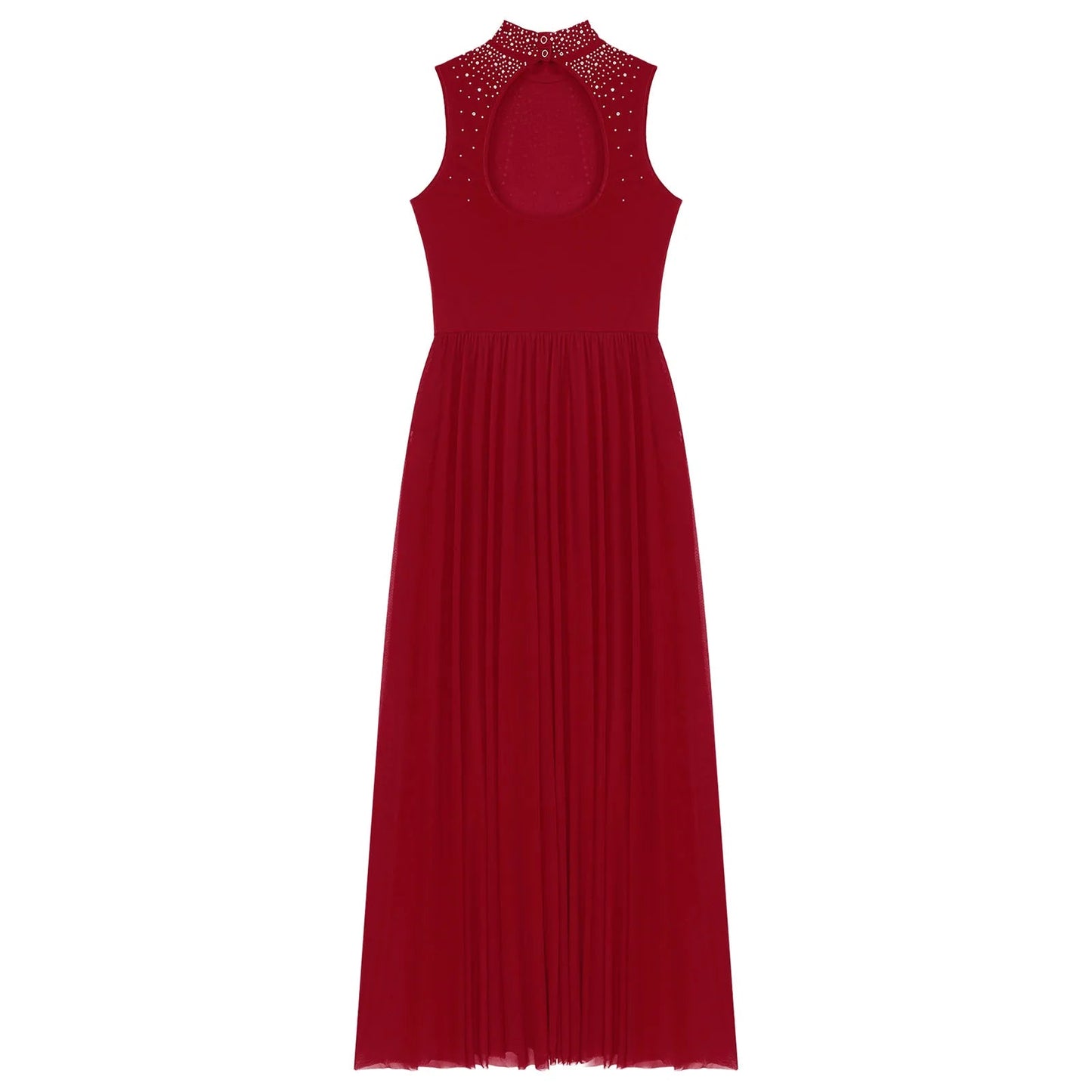 Womens Lyrical Dance Dresses Mock Neck Wide Hemline Shiny Rhinestones Maxi Dress Sleeveless Modern Contemporary Leotard Dresses - PratSN