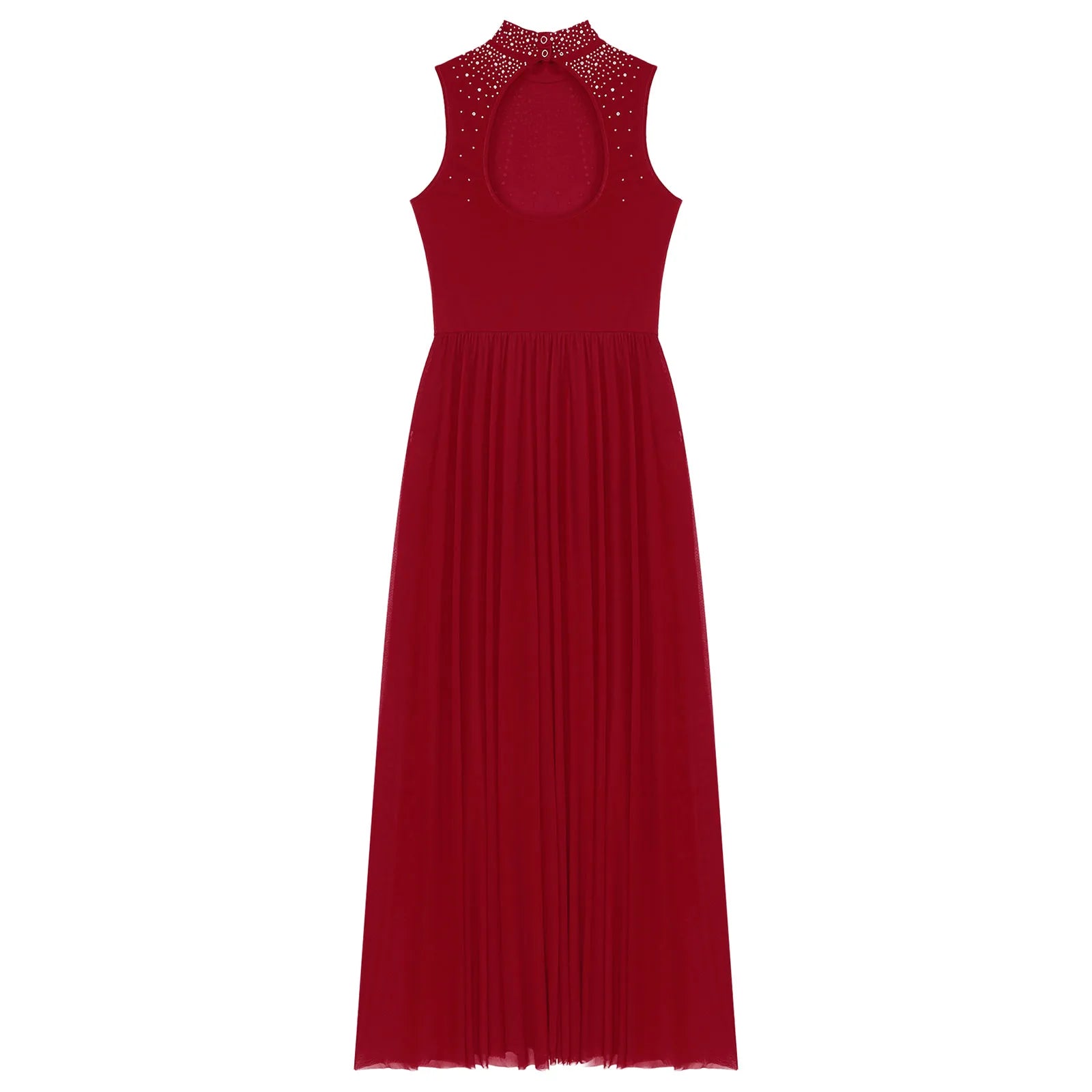 Womens Lyrical Dance Dresses Mock Neck Wide Hemline Shiny Rhinestones Maxi Dress Sleeveless Modern Contemporary Leotard Dresses - PratSN