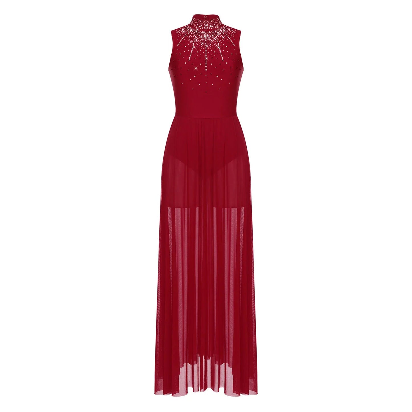 Womens Lyrical Dance Dresses Mock Neck Wide Hemline Shiny Rhinestones Maxi Dress Sleeveless Modern Contemporary Leotard Dresses - PratSN