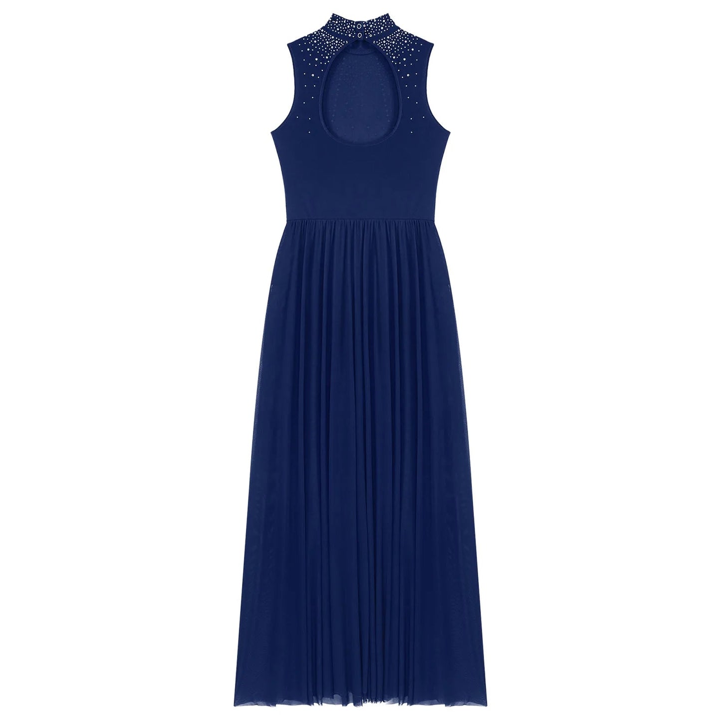 Womens Lyrical Dance Dresses Mock Neck Wide Hemline Shiny Rhinestones Maxi Dress Sleeveless Modern Contemporary Leotard Dresses - PratSN