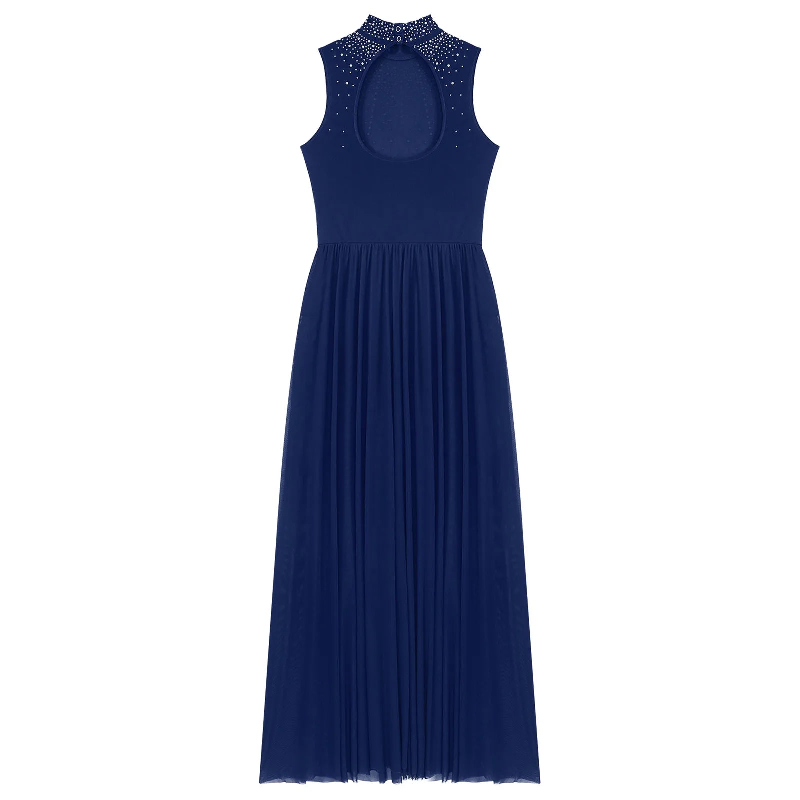 Womens Lyrical Dance Dresses Mock Neck Wide Hemline Shiny Rhinestones Maxi Dress Sleeveless Modern Contemporary Leotard Dresses - PratSN