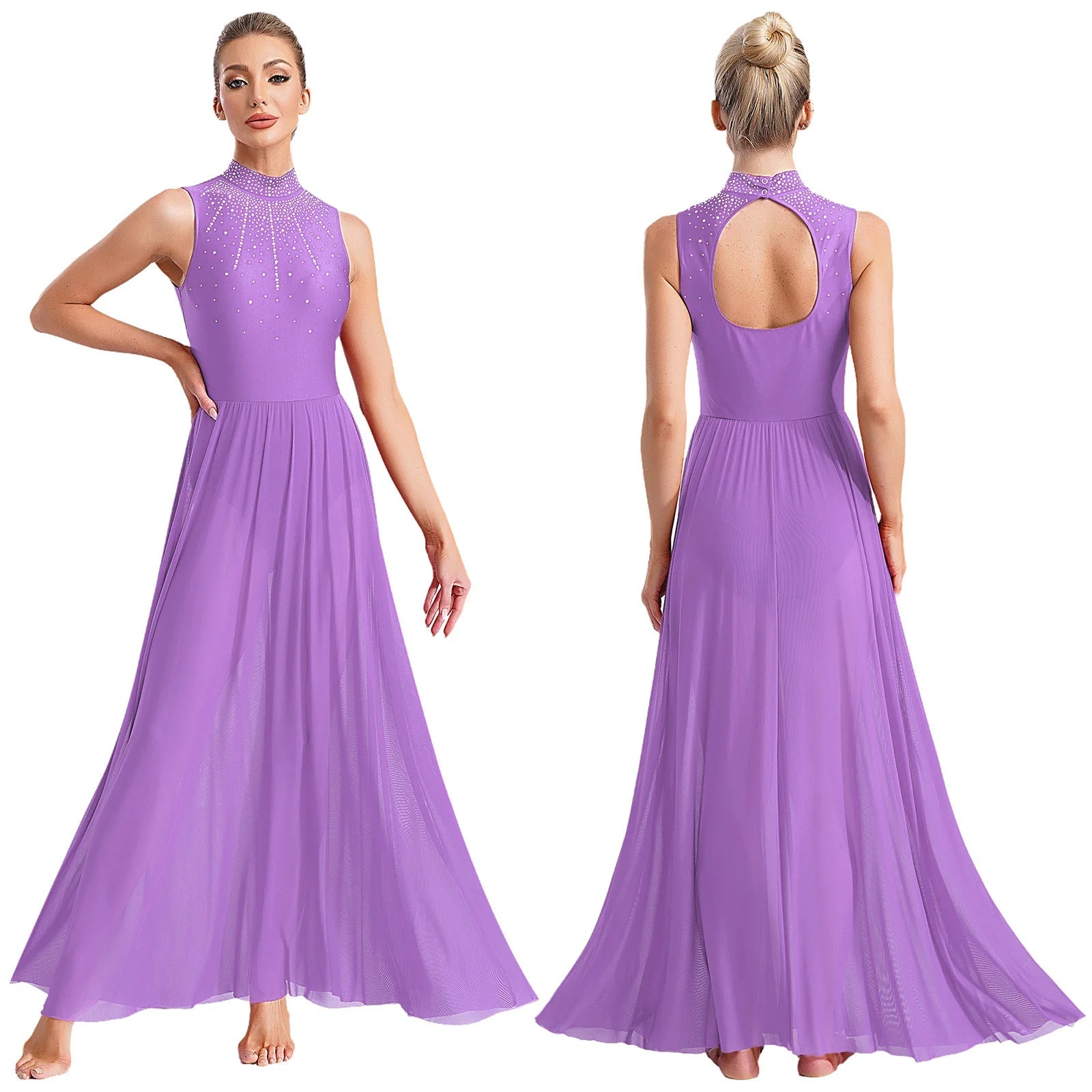 Womens Lyrical Dance Dresses Mock Neck Wide Hemline Shiny Rhinestones Maxi Dress Sleeveless Modern Contemporary Leotard Dresses - PratSN