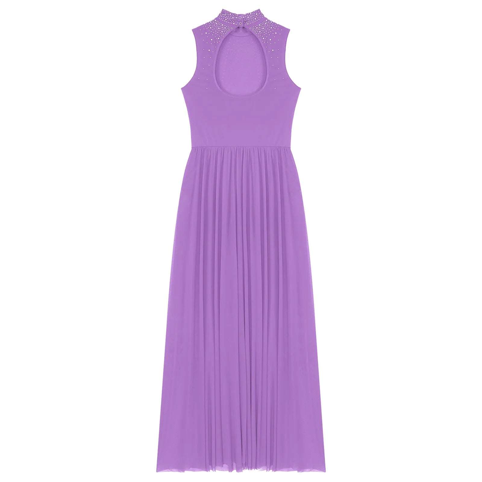 Womens Lyrical Dance Dresses Mock Neck Wide Hemline Shiny Rhinestones Maxi Dress Sleeveless Modern Contemporary Leotard Dresses - PratSN