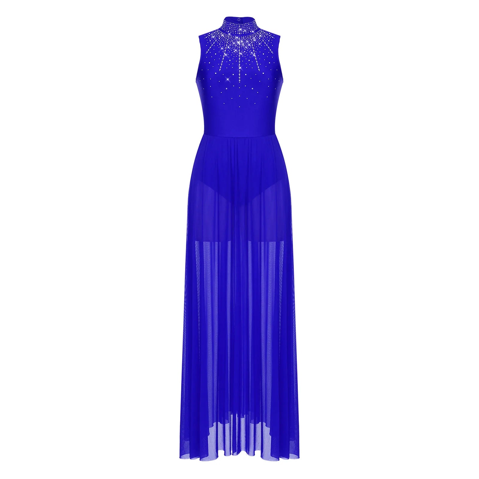 Womens Lyrical Dance Dresses Mock Neck Wide Hemline Shiny Rhinestones Maxi Dress Sleeveless Modern Contemporary Leotard Dresses - PratSN