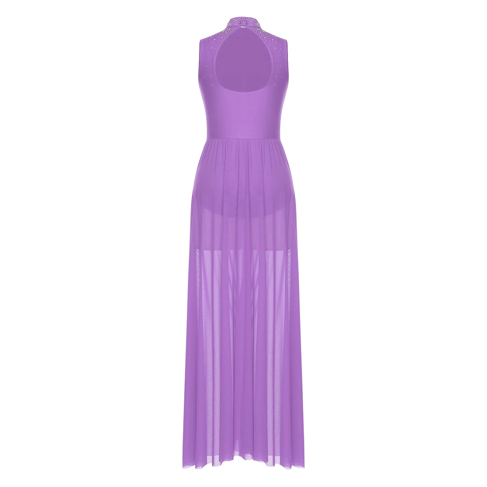 Womens Lyrical Dance Dresses Mock Neck Wide Hemline Shiny Rhinestones Maxi Dress Sleeveless Modern Contemporary Leotard Dresses - PratSN