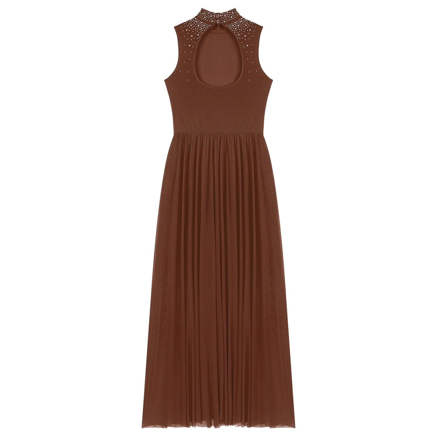 Womens Lyrical Dance Dresses Mock Neck Wide Hemline Shiny Rhinestones Maxi Dress Sleeveless Modern Contemporary Leotard Dresses - PratSN