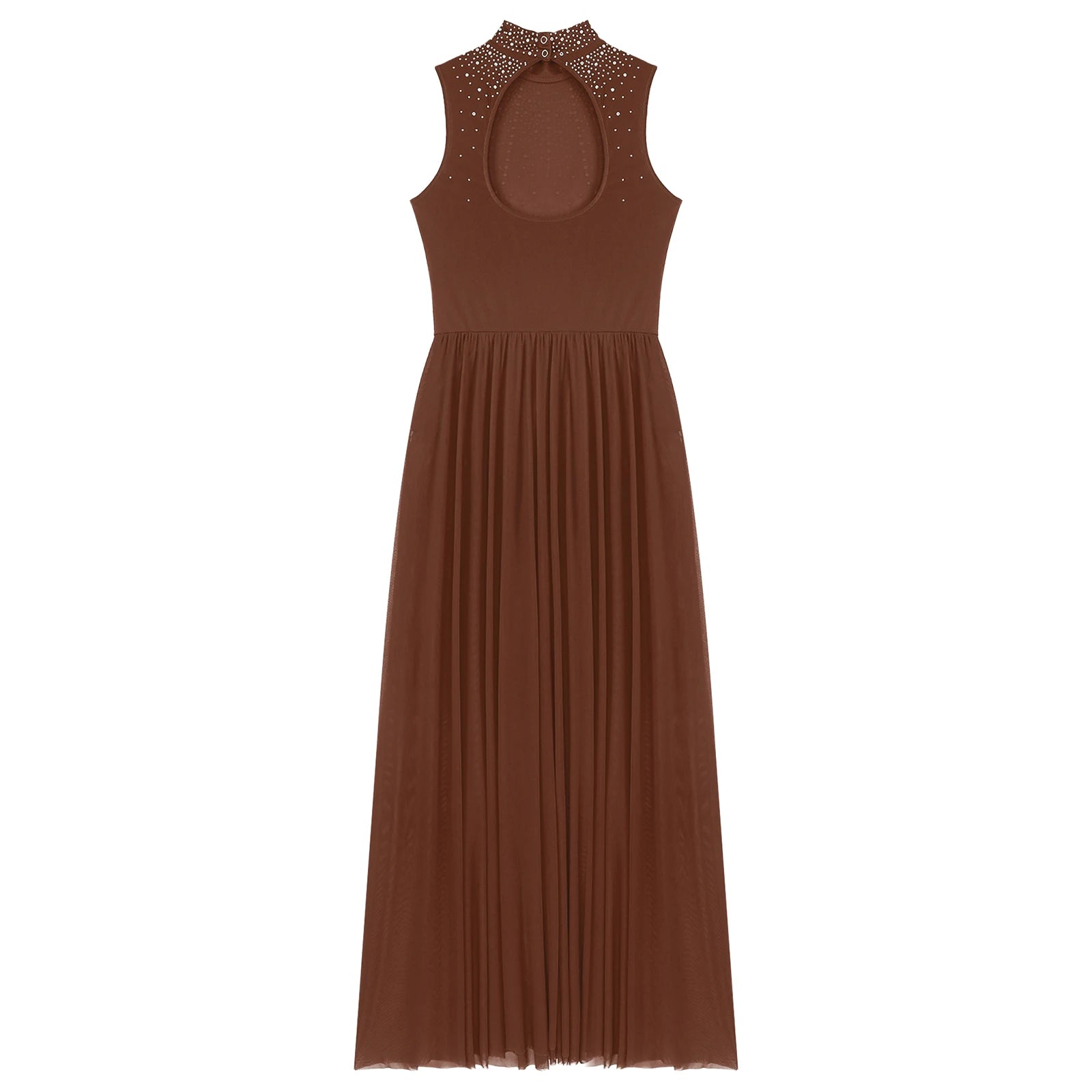 Womens Lyrical Dance Dresses Mock Neck Wide Hemline Shiny Rhinestones Maxi Dress Sleeveless Modern Contemporary Leotard Dresses - PratSN