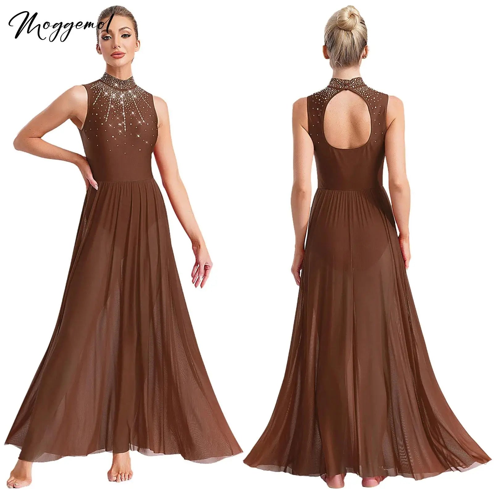 Womens Lyrical Dance Dresses Mock Neck Wide Hemline Shiny Rhinestones Maxi Dress Sleeveless Modern Contemporary Leotard Dresses - PratSN