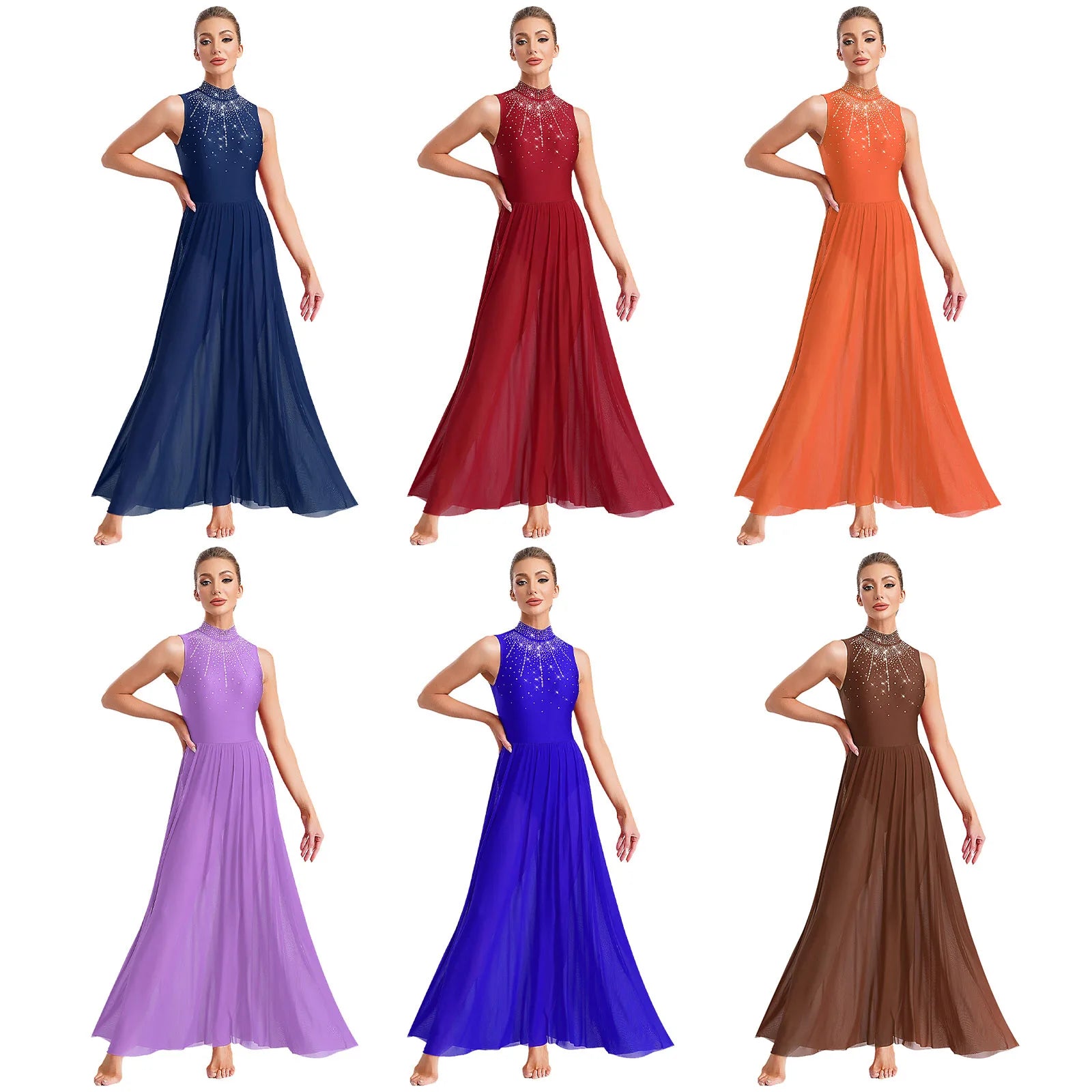 Womens Lyrical Dance Dresses Mock Neck Wide Hemline Shiny Rhinestones Maxi Dress Sleeveless Modern Contemporary Leotard Dresses - PratSN