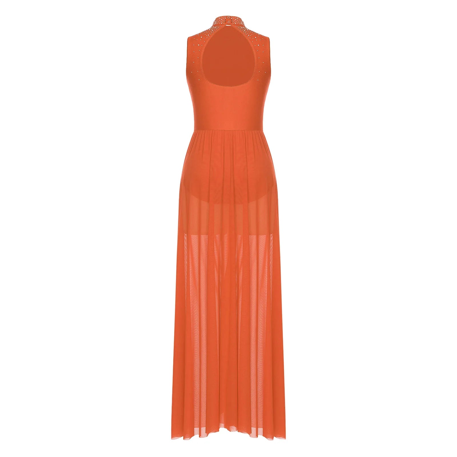 Womens Lyrical Dance Dresses Mock Neck Wide Hemline Shiny Rhinestones Maxi Dress Sleeveless Modern Contemporary Leotard Dresses - PratSN