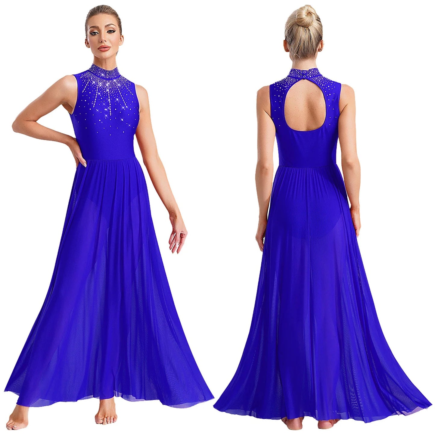 Womens Lyrical Dance Dresses Mock Neck Wide Hemline Shiny Rhinestones Maxi Dress Sleeveless Modern Contemporary Leotard Dresses - PratSN