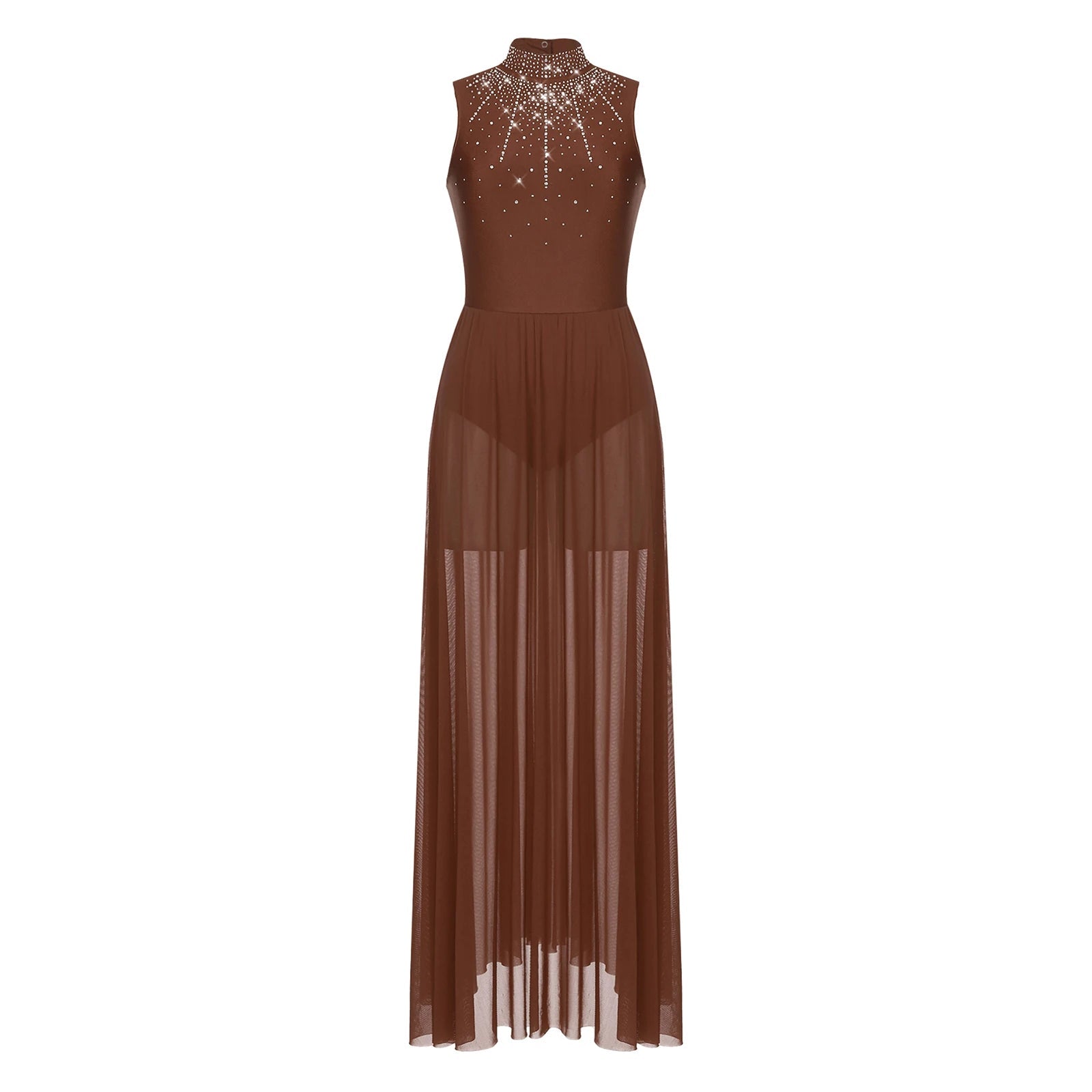 Womens Lyrical Dance Dresses Mock Neck Wide Hemline Shiny Rhinestones Maxi Dress Sleeveless Modern Contemporary Leotard Dresses - PratSN