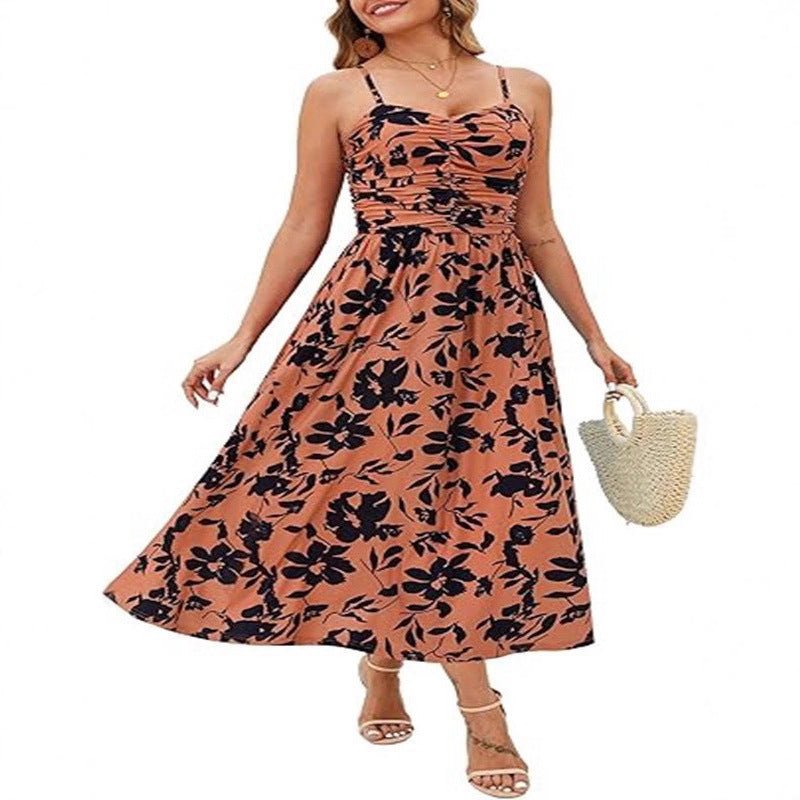 Women's Midi Elegant Pleated Floral Pocket Dress - PratSN