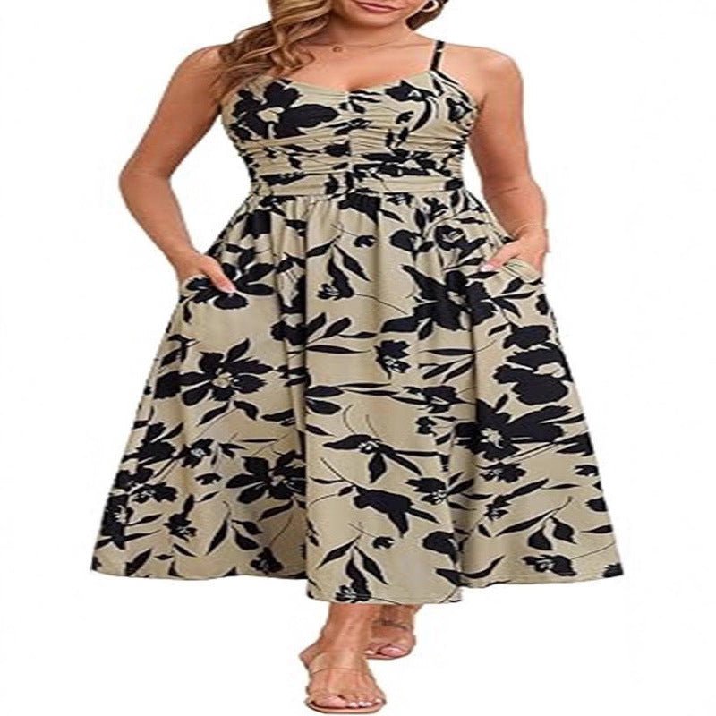 Women's Midi Elegant Pleated Floral Pocket Dress - PratSN