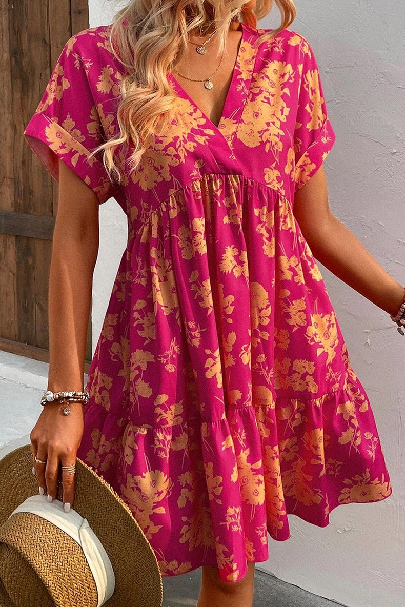 Women's New Floral Print Short Sleeve Dress - PratSN