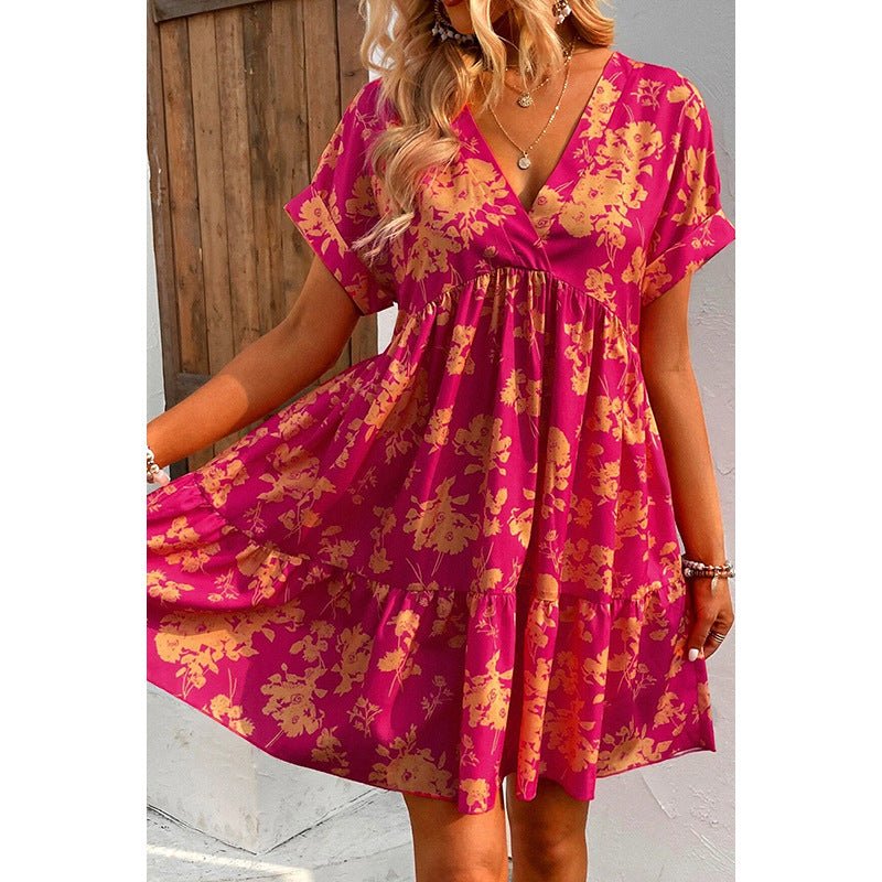 Women's New Floral Print Short Sleeve Dress - PratSN