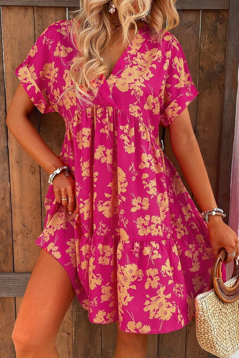 Women's New Floral Print Short Sleeve Dress - PratSN