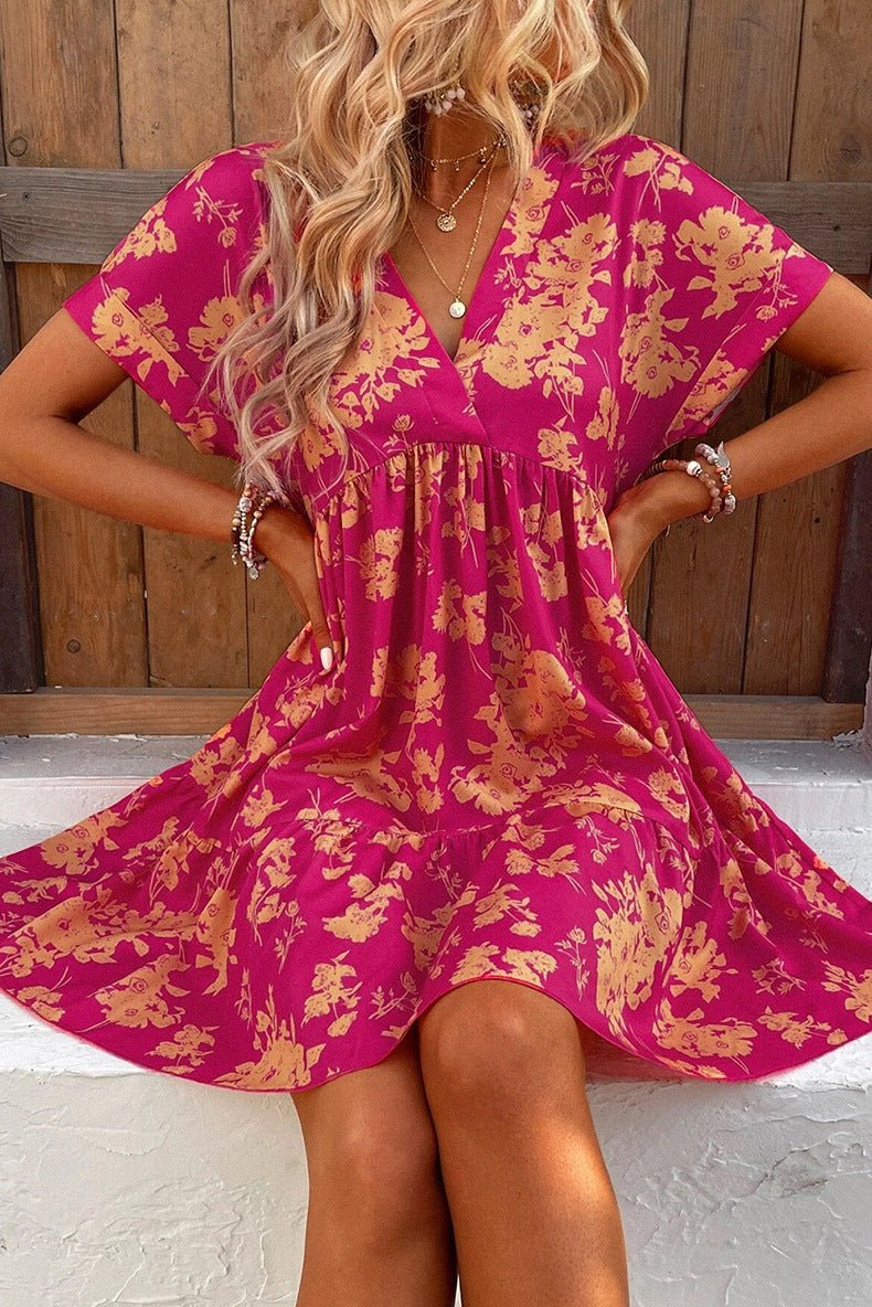 Women's New Floral Print Short Sleeve Dress - PratSN