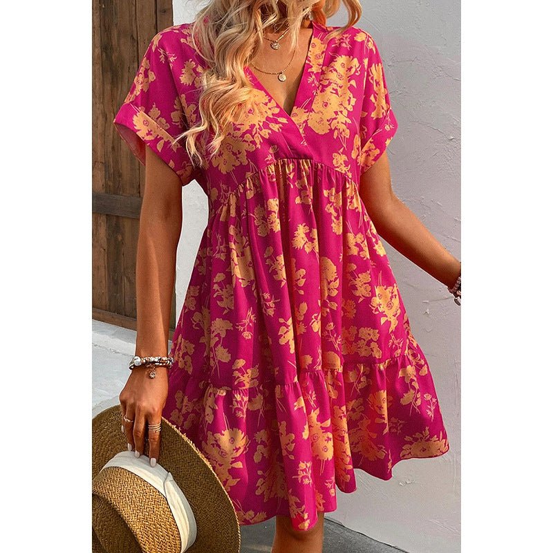 Women's New Floral Print Short Sleeve Dress - PratSN