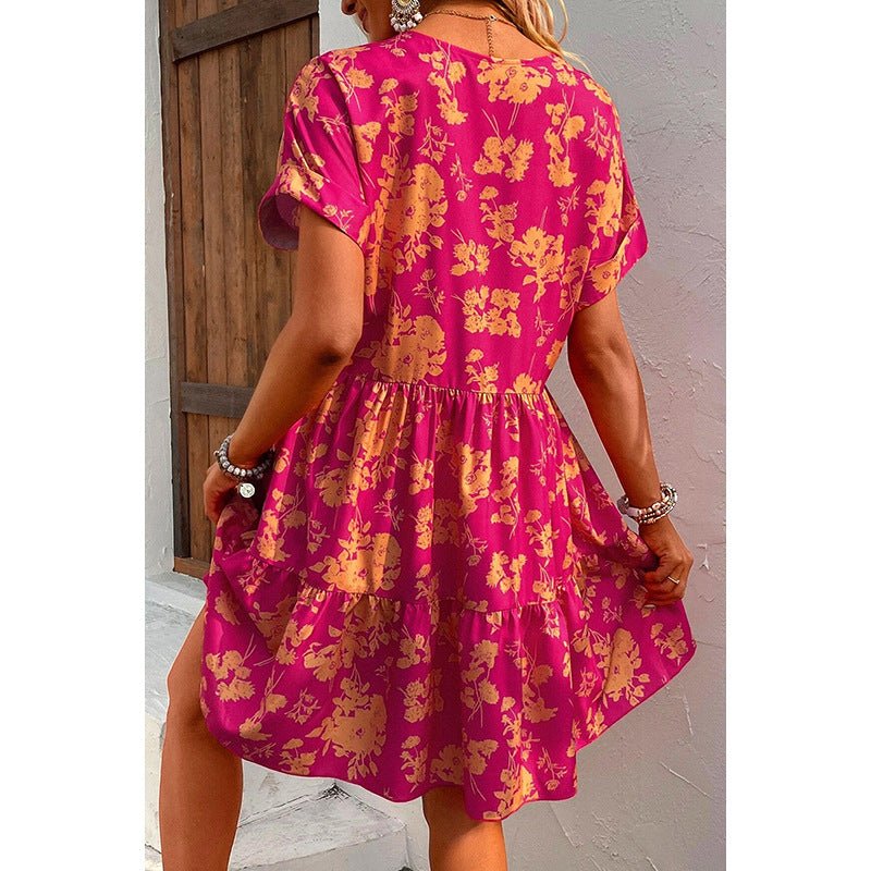 Women's New Floral Print Short Sleeve Dress - PratSN