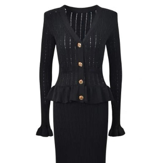 Women's One - piece Knitted Maxi Dress Elegant V - neck Ruffled Slim Waist Bodycon Sweater Dress Party Vestido - PratSN
